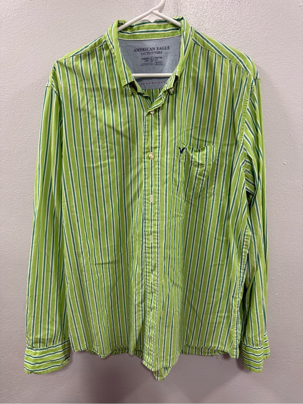 American Eagle Outfitters Lime Green and White Striped Button-Down Shirt
